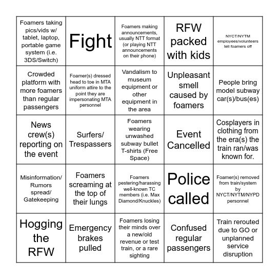 Transit Event Bingo Card