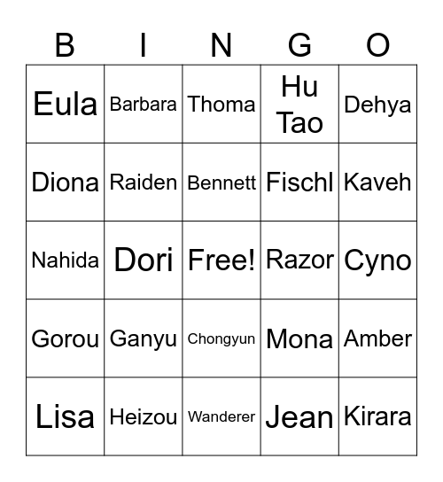 Genshin Cosplay Bingo! Bingo Card