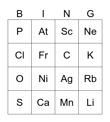 Periodic Table Bingo Card