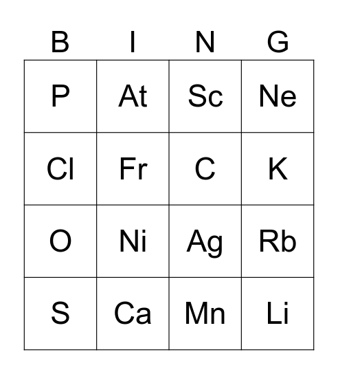 Periodic Table Bingo Card