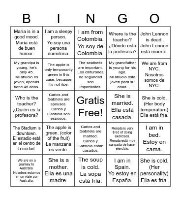 Ser vs. Estar Bingo Card