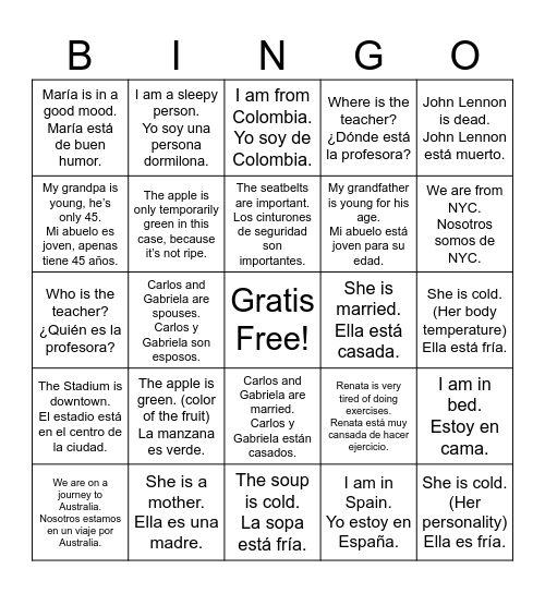 Ser vs. Estar Bingo Card