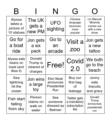 Second Half of 2023 Bingo Card