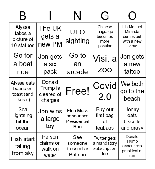 Second Half of 2023 Bingo Card