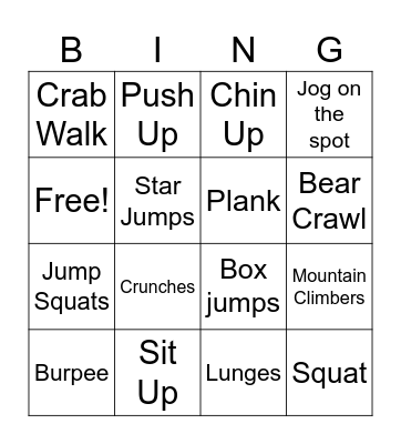 Fitness Bingo Card