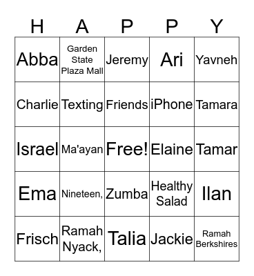 Eliana Bingo Card