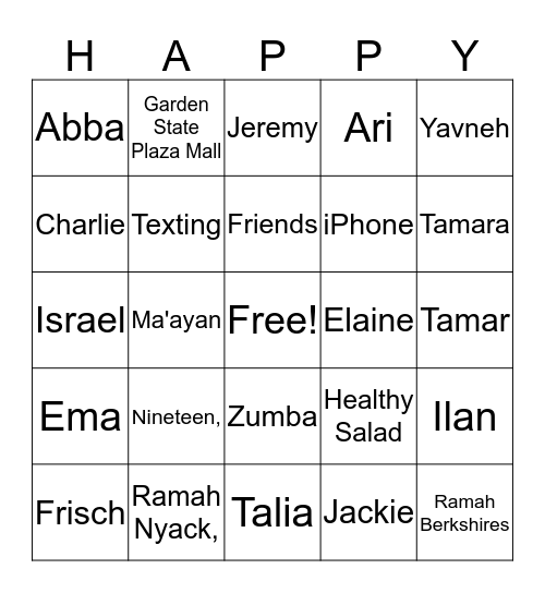 Eliana Bingo Card