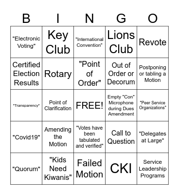 Kiwanis Business Session Bingo Card