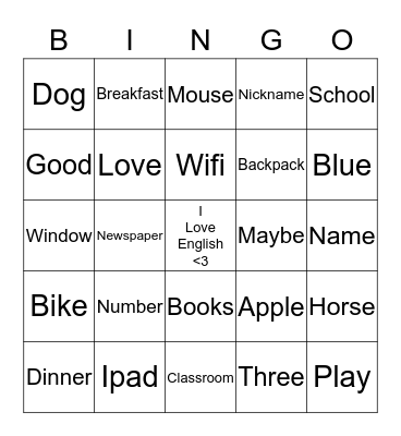 English Bingo Card