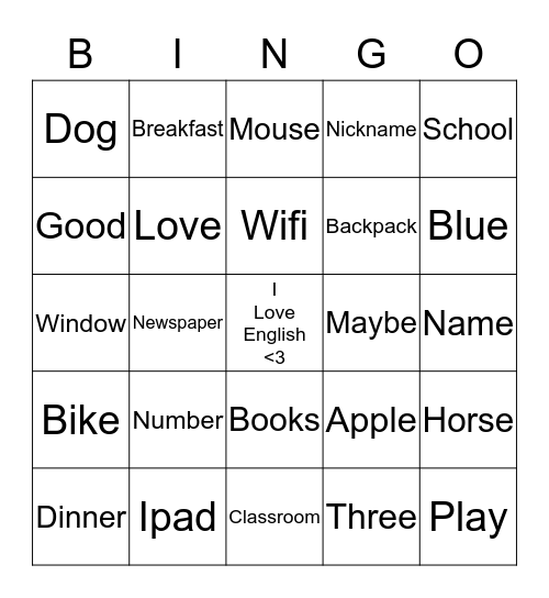 English Bingo Card