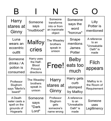 Harry Potter and the Half Blood Prince Bingo Card