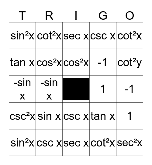 TRIGONOMETRY Bingo Card
