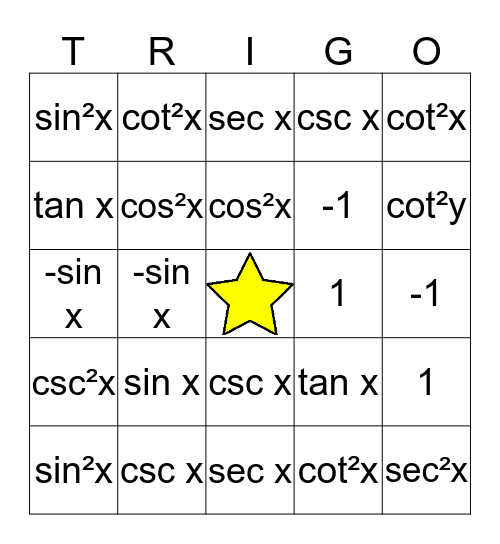 TRIGONOMETRY Bingo Card