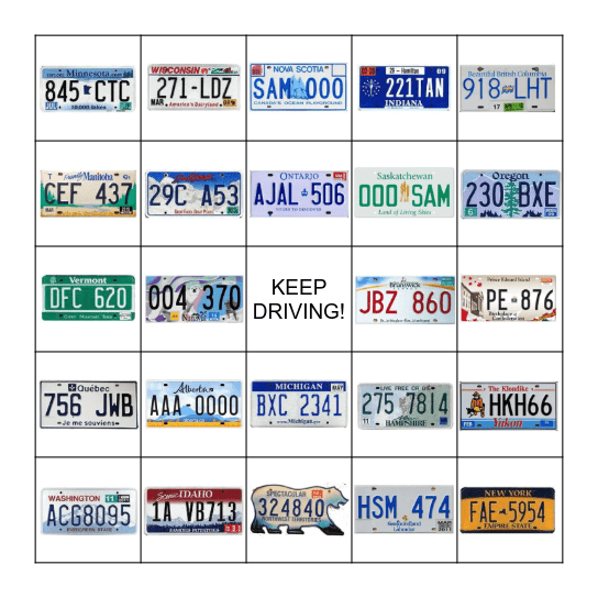 LICENSE PLATE BINGO Card
