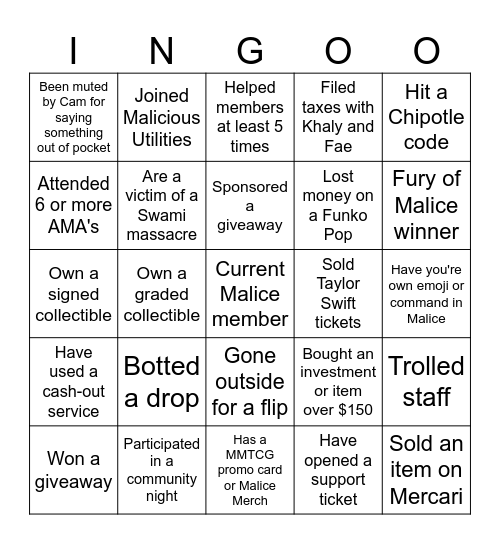 Malice Bingo Card