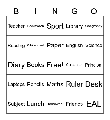 School Bingo Card