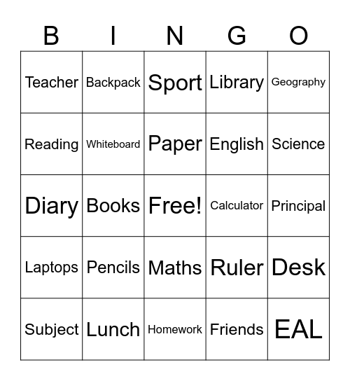 School Bingo Card