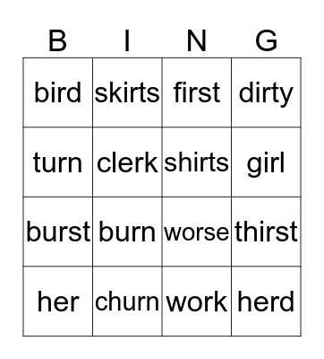 er words Bingo Card