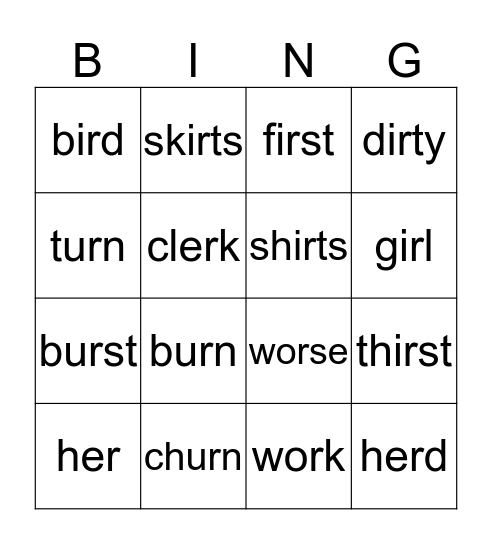er words Bingo Card
