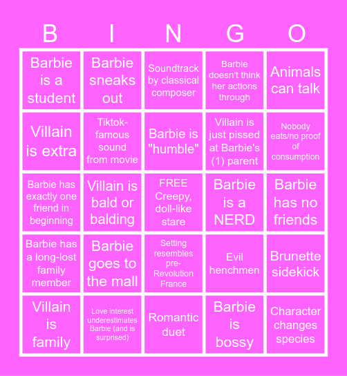 Barbie Movie Bingo Card