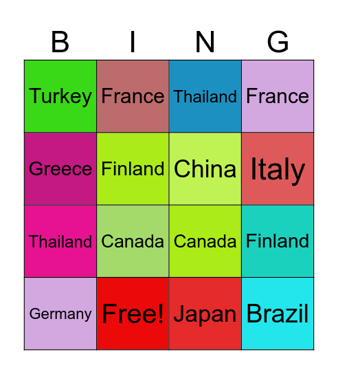 Countries Bingo Card