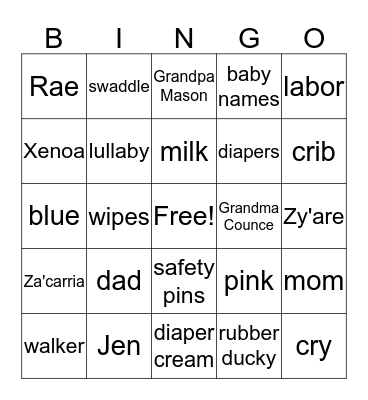 Rae and Jennys Baby Shower Bingo Card