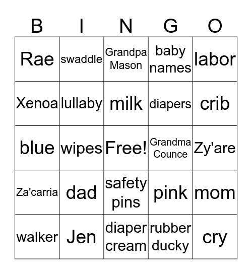 Rae and Jennys Baby Shower Bingo Card