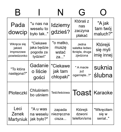 Panieńskie Bingo Card