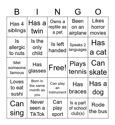 Getting to know YOU….Bingo Card