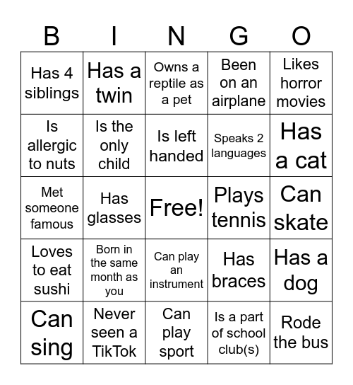 Getting to know YOU….Bingo Card