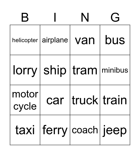 Transport (Primary 2) Bingo Card