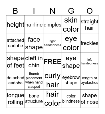 Inherited traits Bingo Card