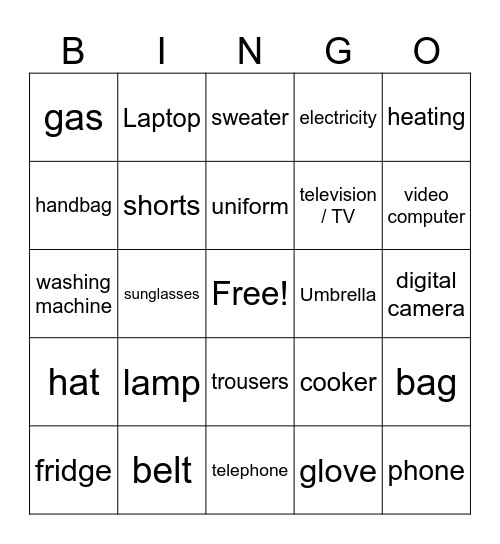 A2 - VOCABULARY Bingo Card