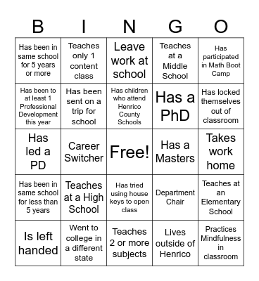 Teacher Bingo Card