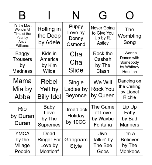 Cheesy Musical Bingo!! Bingo Card