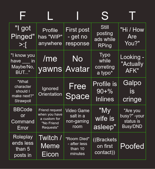 F-List Bingo Card