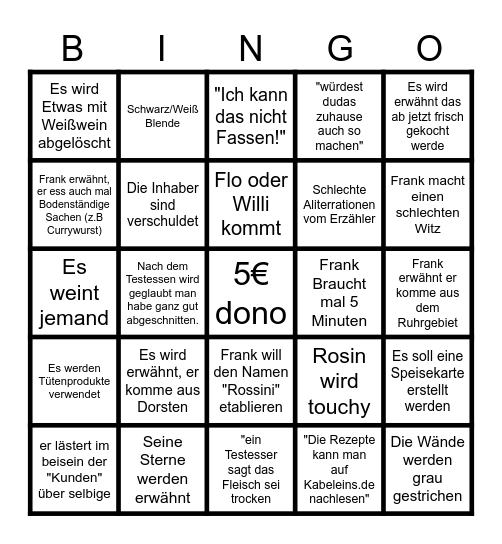 Rosins Restaurant Bingo Card