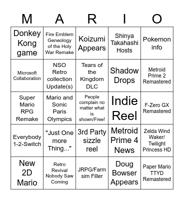 Nintendo Direct June 2023 Bingo Card