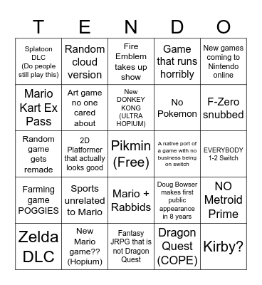 Nintendo Direct Bingo Card