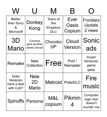 Nintendo Direct Deez Nuts Bingo Card