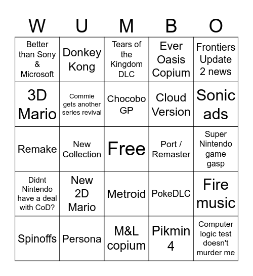 Nintendo Direct Deez Nuts Bingo Card