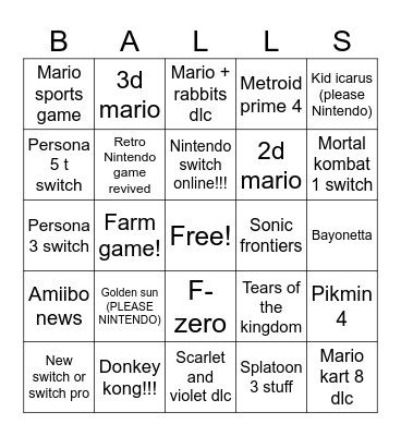 Nintendo direct bingo Card