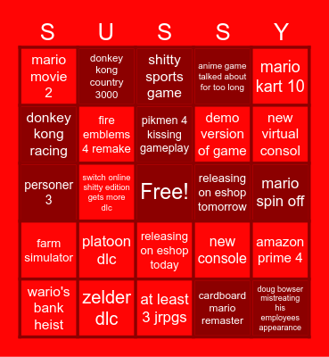 Nintendo Direct Bingo Card