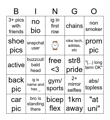 Tinder Men Bingo Card