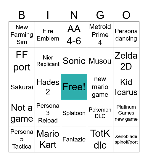 Nintendo Direct 21/6 Bingo Card