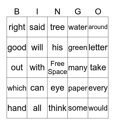 Word Bingo Card