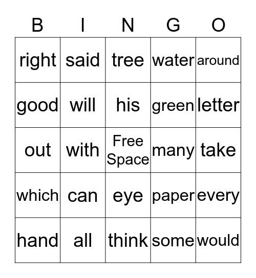 Word Bingo Card