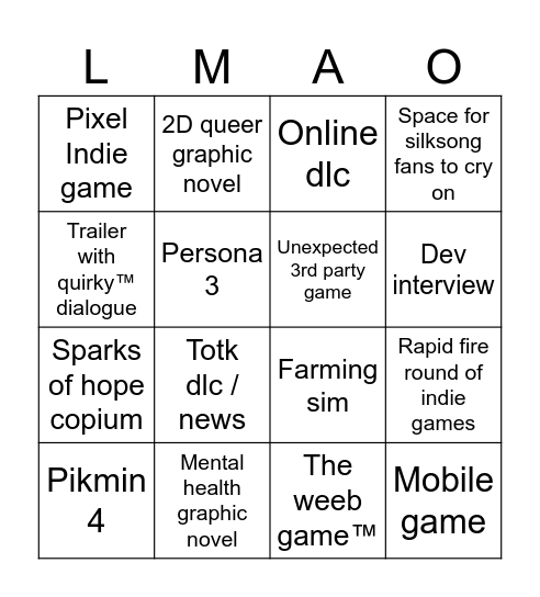 Eye's Nintendo Direct Bingo Card