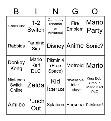 Nintendo Direct 6/21/23 Bingo Card