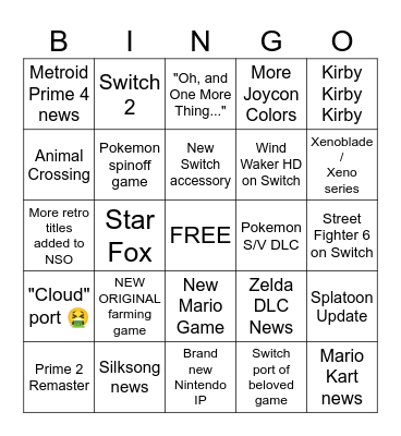 Nintendo Direct 6/21 Bingo Card